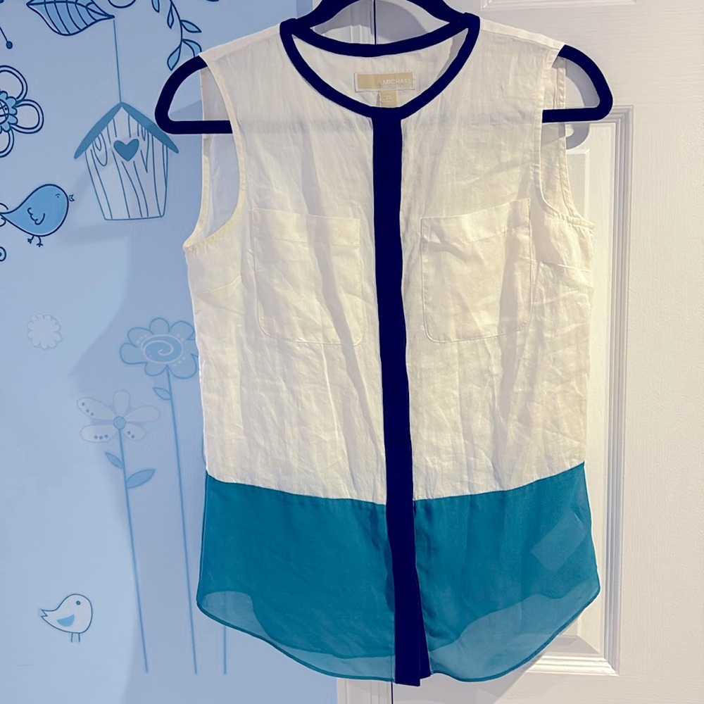 Michael Kors White Dark Turquoise Color Block Blouse Women's Sleeveless Top XS !